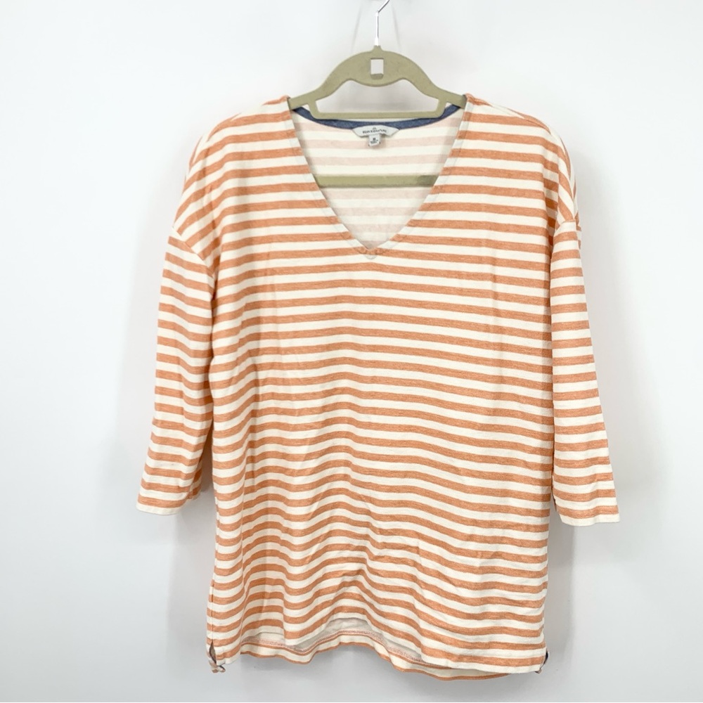 LL Bean Signature‎ Women Size Medium Shirt 3/4 Sleeve Top Orange White Striped